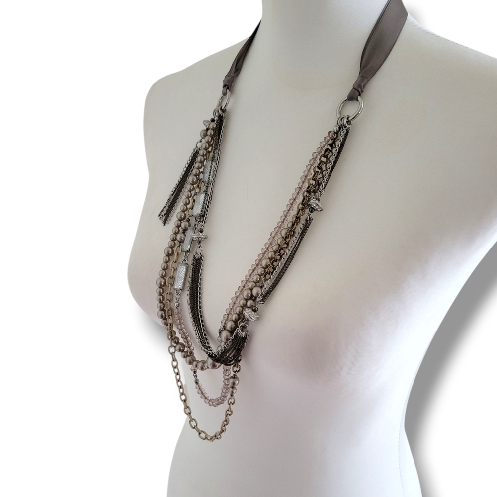 LOFT | Long Silver Tone Crystal Faux Pearl Layered Statement Necklace - Picture 12 of 13